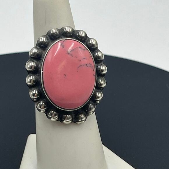 Taxco TI-83 Vintage Sterling Silver Mexico Oval Pink Rhodonite Cabochon Ring 7 - Picture 1 of 9